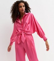 Cameo Rose Bright Pink Satin Collared Tie Front Shirt